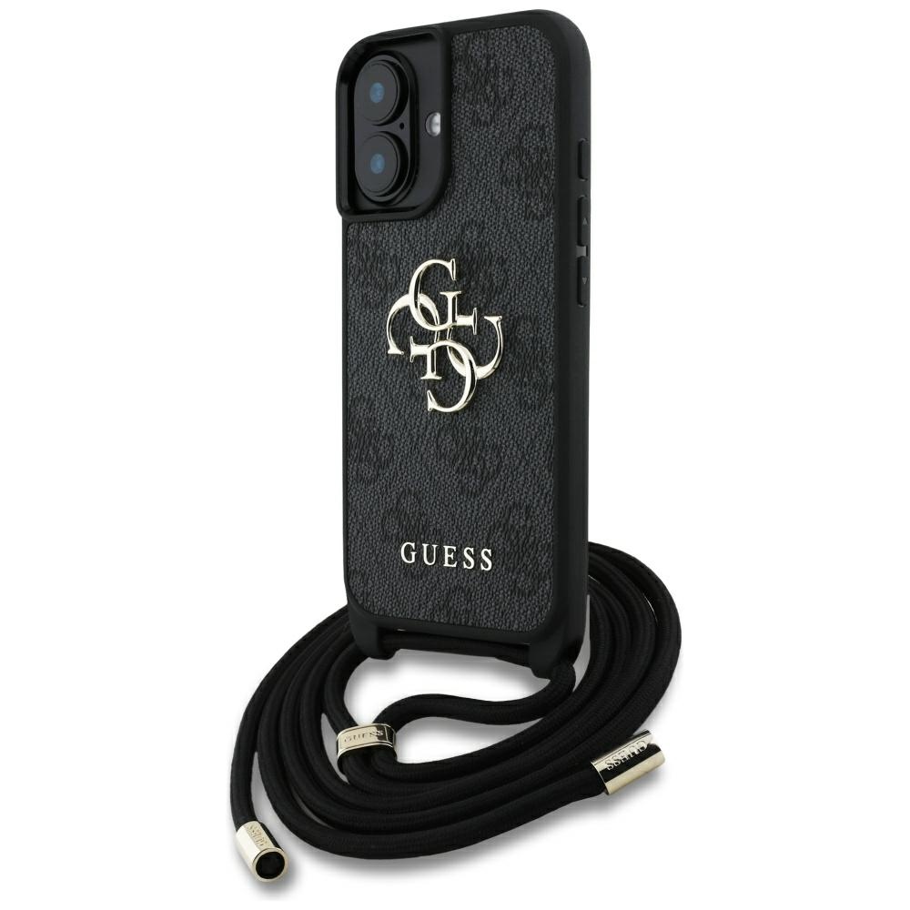 iTok webáruház - Guess Guess 4G Big Logo Cord Stap Crossbody tok iPhone 16 Plus készülékhez – fekete 1 Guess 4G Big Logo Cord Stap Crossbody Case for iPhone 16 Plus Black