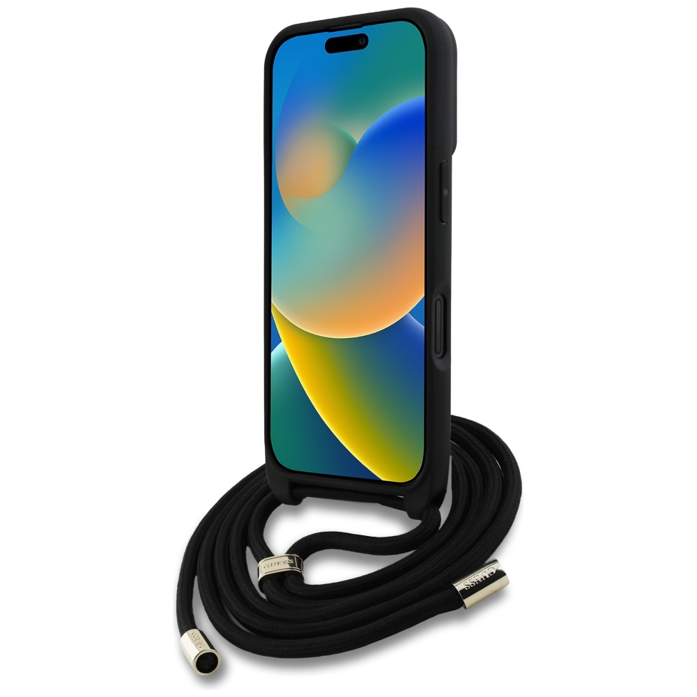 iTok webáruház - Guess Guess 4G Big Logo Cord Stap Crossbody tok iPhone 16 Plus készülékhez – fekete 4 Guess 4G Big Logo Cord Stap Crossbody Case for iPhone 16 Plus Black