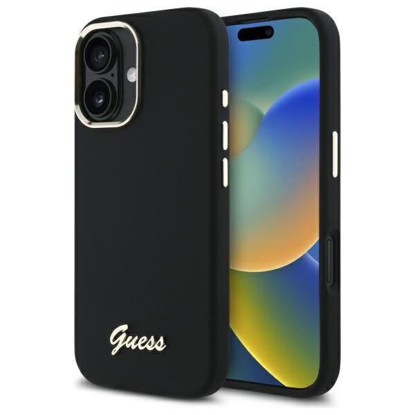 iTok webáruház - Guess Guess Silicone Script Metal Logo & Frame tok iPhone 16 Plus készülékhez (fekete) 1 Guess Silicone Script Metal Logo & Frame Case for iPhone 16 Plus (fekete)