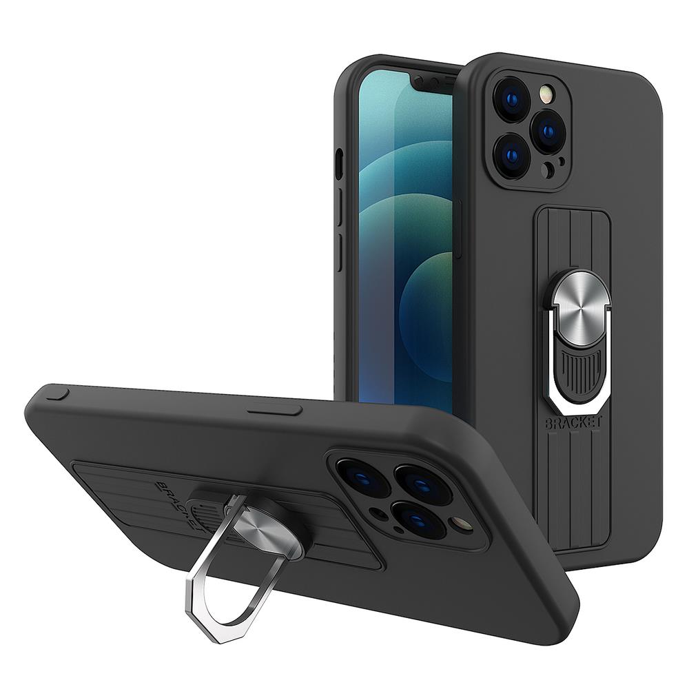 iTok webáruház - Hurtel Ring Case szilikon tok gyűrűs fogóval és állvánnyal Samsung Galaxy S21+ 5G (S21 Plus 5G) készülékhez, fekete 1 Ring Case silicone case with finger grip and stand for Samsung Galaxy S21+ 5G (S21 Plus 5G) black