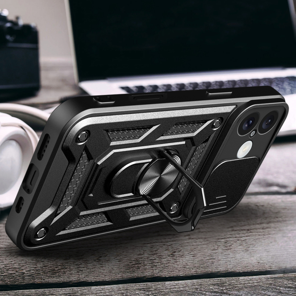 iTok webáruház - Hurtel Hybrid Armor Camshield tok iPhone 16 készülékhez (fekete) 6 Hybrid Armor Camshield iPhone 16 Armored Case with Camera Cover and Stand (fekete)