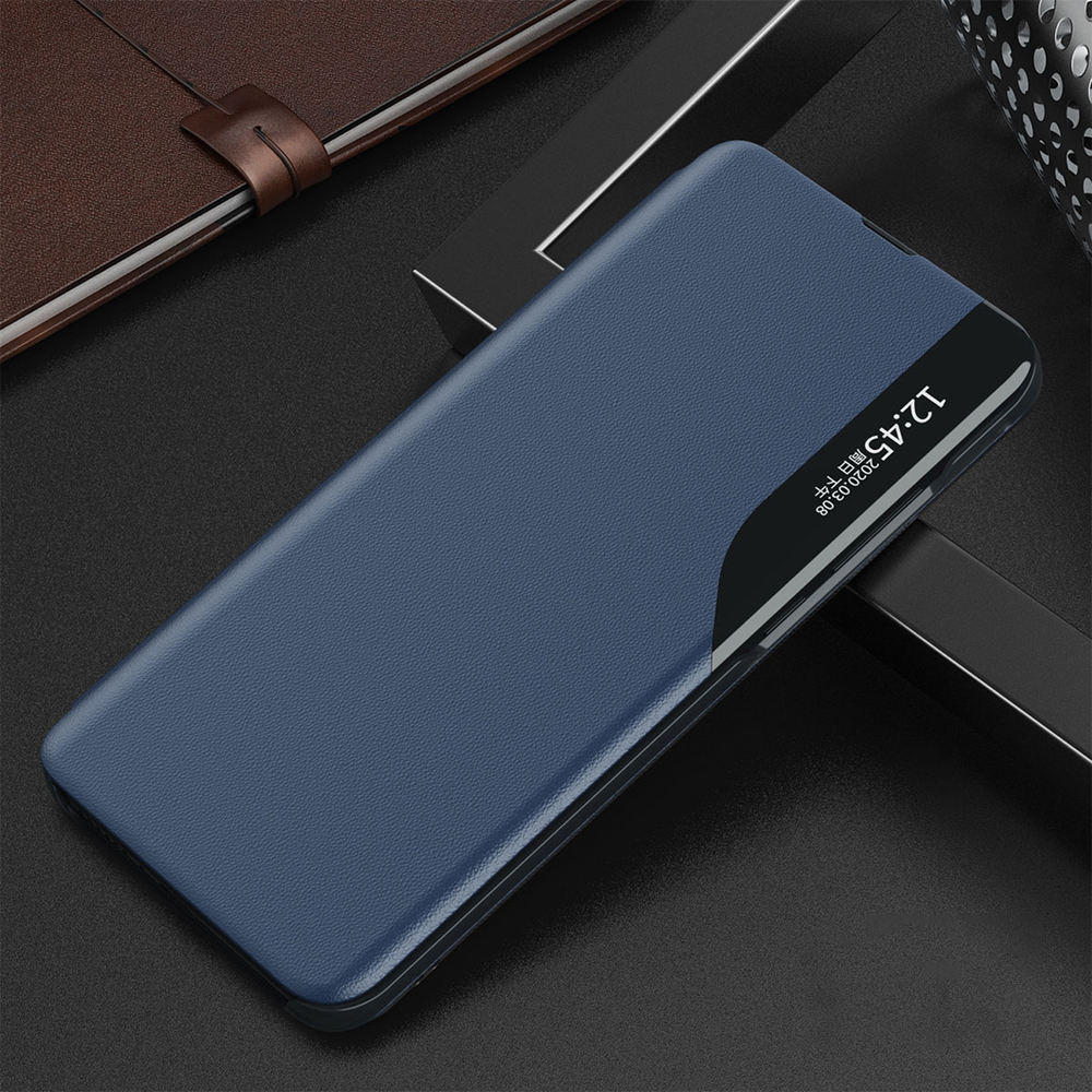 iTok webáruház - Hurtel Eco Leather View Case iPhone 16e / 17e tok (kék) 3 Eco Leather View Case, an elegant case with a flap and stand for iPhone 16e / 17e (kék)