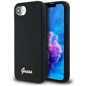 Guess Silicone Script Metal Logo MagSafe tok iPhone 16e készülékhez (fekete)
