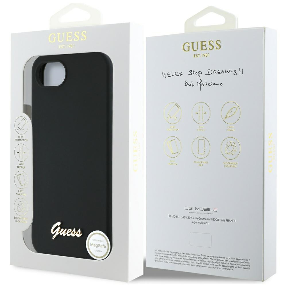 iTok webáruház - Guess Guess Silicone Script Metal Logo MagSafe tok iPhone 16e készülékhez (fekete) 8 Guess Silicone Script Metal Logo MagSafe iPhone 16e Case (fekete)