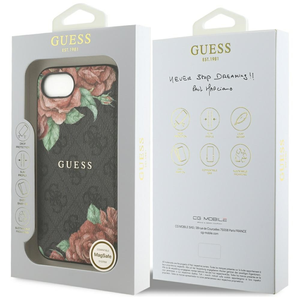 iTok webáruház - Guess Guess 4G Flowers Print MagSafe tok iPhone 16e-hez (fekete) 8 Guess 4G Flowers Print MagSafe case for iPhone 16e (fekete)