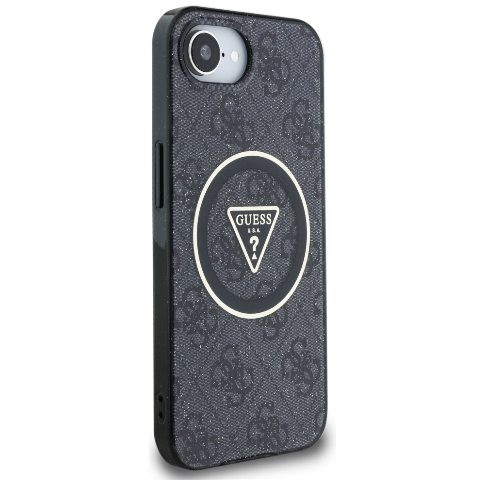 iTok webáruház - Guess Guess IML Metal Glitter 4G Circle Triangle MagSafe tok iPhone 16e-hez (fekete) 4 Guess IML Metal Glitter 4G Circle Triangle MagSafe Case for iPhone 16e (fekete)
