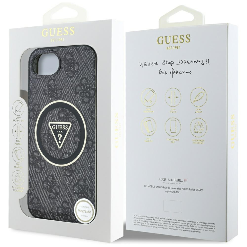 iTok webáruház - Guess Guess IML Metal Glitter 4G Circle Triangle MagSafe tok iPhone 16e-hez (fekete) 8 Guess IML Metal Glitter 4G Circle Triangle MagSafe Case for iPhone 16e (fekete)
