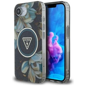 Guess IML Metal Glitter Flowers Triangle MagSafe tok iPhone 16e készülékhez (fekete)