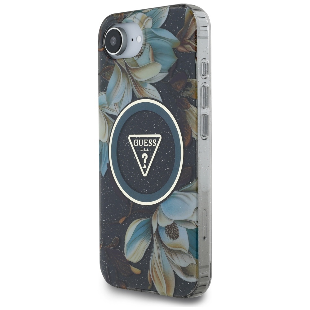 iTok webáruház - Guess Guess IML Metal Glitter Flowers Triangle MagSafe tok iPhone 16e készülékhez (fekete) 2 Guess IML Metal Glitter Flowers Triangle MagSafe case for iPhone 16e (fekete)