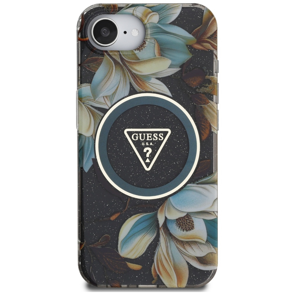 iTok webáruház - Guess Guess IML Metal Glitter Flowers Triangle MagSafe tok iPhone 16e készülékhez (fekete) 3 Guess IML Metal Glitter Flowers Triangle MagSafe case for iPhone 16e (fekete)