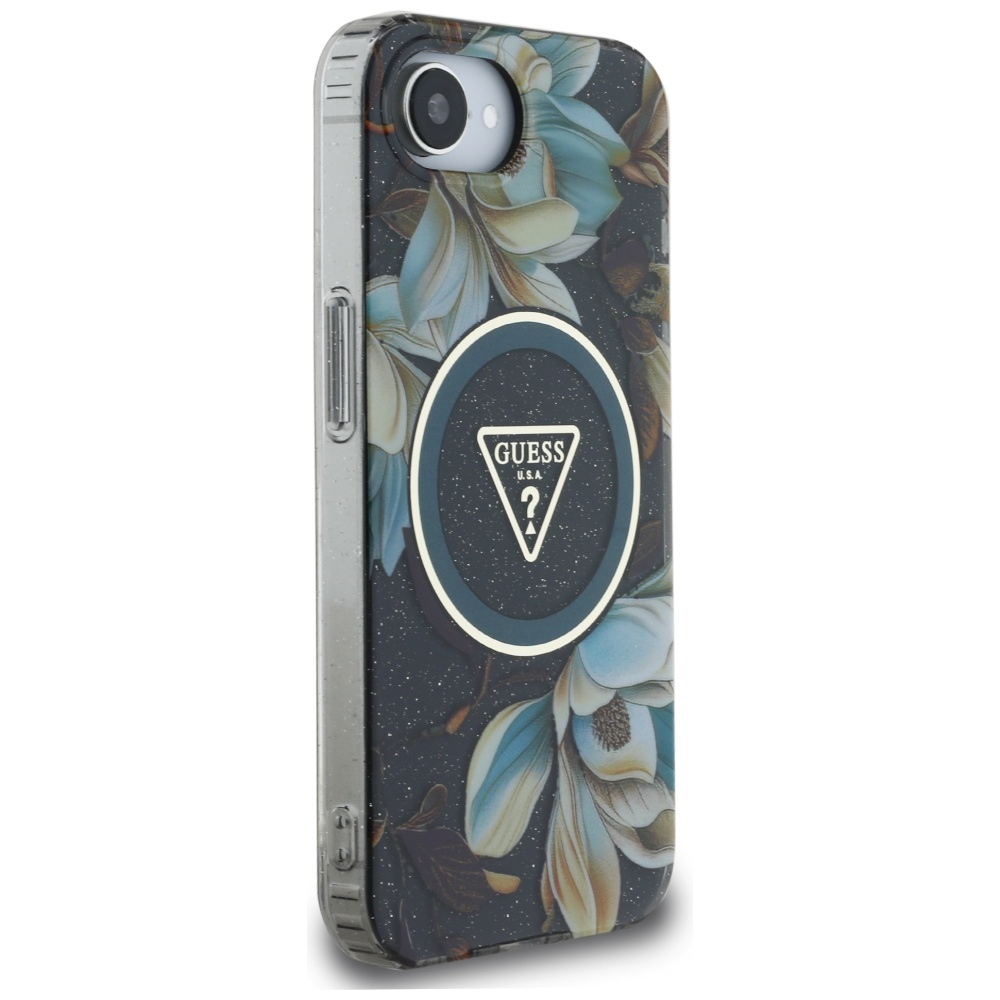 iTok webáruház - Guess Guess IML Metal Glitter Flowers Triangle MagSafe tok iPhone 16e készülékhez (fekete) 4 Guess IML Metal Glitter Flowers Triangle MagSafe case for iPhone 16e (fekete)
