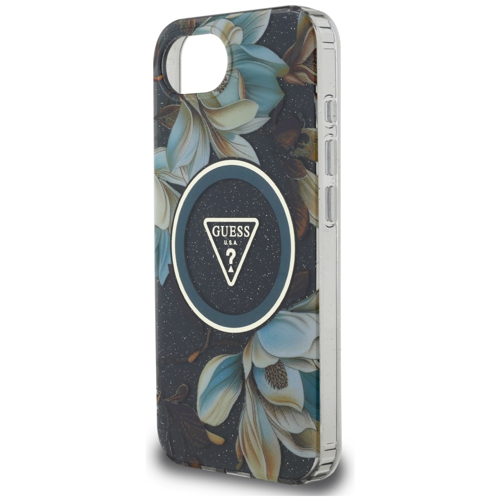 iTok webáruház - Guess Guess IML Metal Glitter Flowers Triangle MagSafe tok iPhone 16e készülékhez (fekete) 6 Guess IML Metal Glitter Flowers Triangle MagSafe case for iPhone 16e (fekete)