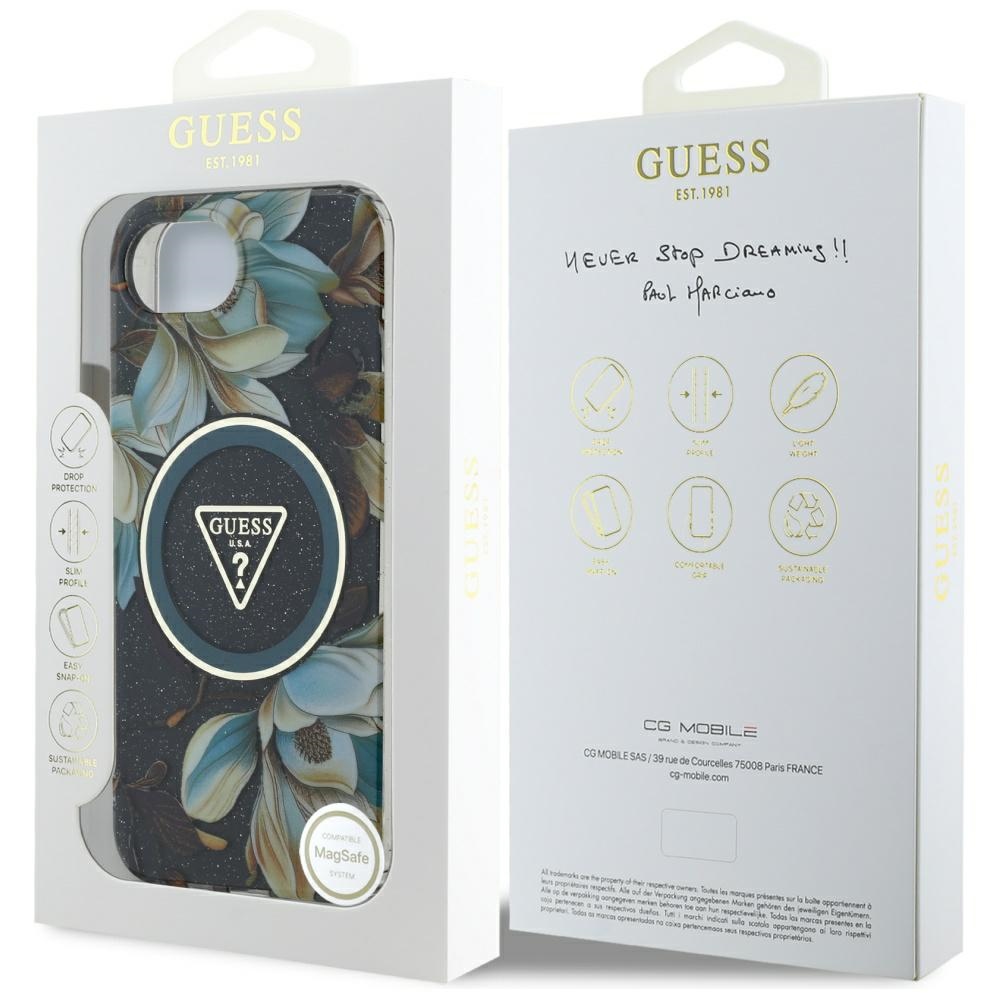 iTok webáruház - Guess Guess IML Metal Glitter Flowers Triangle MagSafe tok iPhone 16e készülékhez (fekete) 8 Guess IML Metal Glitter Flowers Triangle MagSafe case for iPhone 16e (fekete)