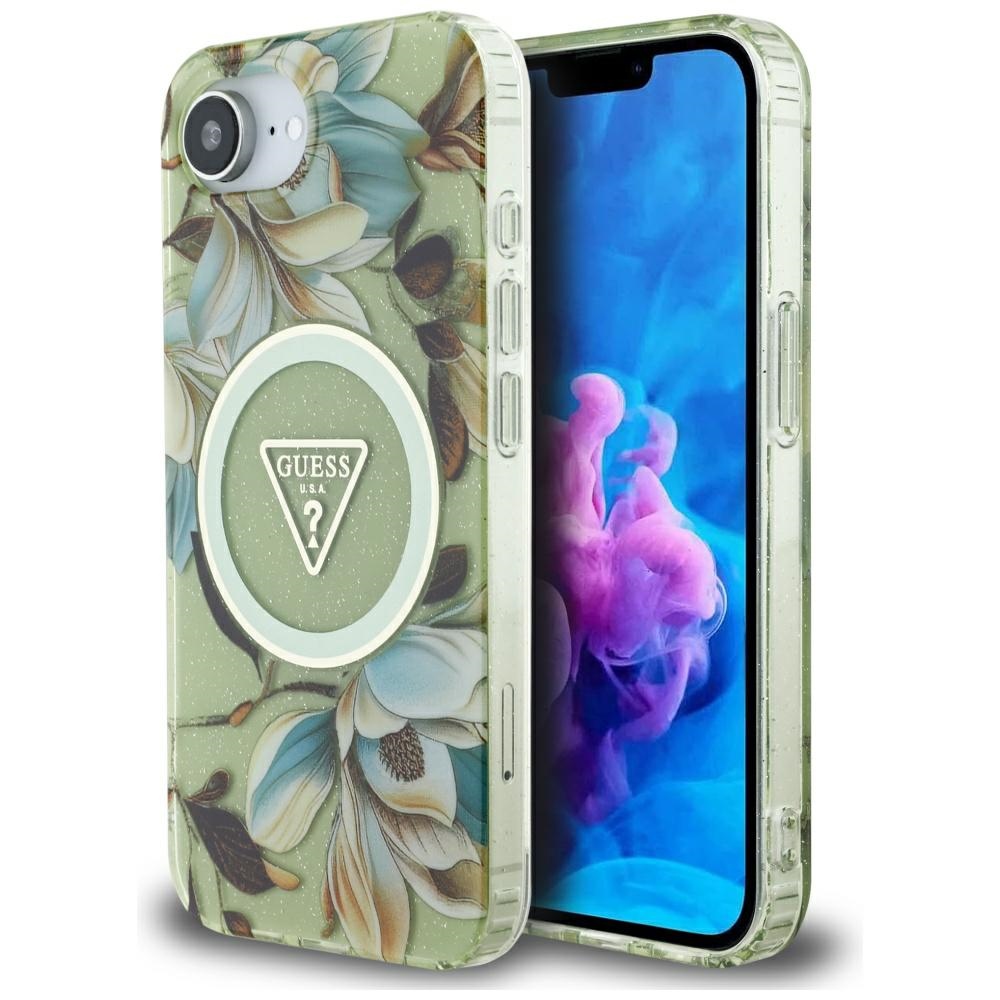 iTok webáruház - Guess Guess IML Metal Glitter Flowers Triangle MagSafe tok iPhone 16e készülékhez (zöld) 1 Guess IML Metal Glitter Flowers Triangle MagSafe iPhone 16e Case (zöld)