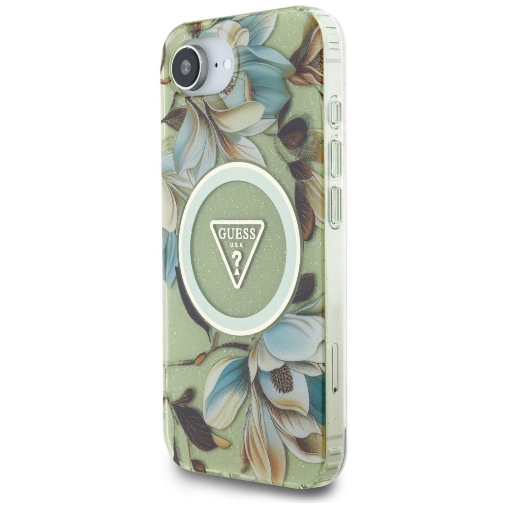iTok webáruház - Guess Guess IML Metal Glitter Flowers Triangle MagSafe tok iPhone 16e készülékhez (zöld) 2 Guess IML Metal Glitter Flowers Triangle MagSafe iPhone 16e Case (zöld)