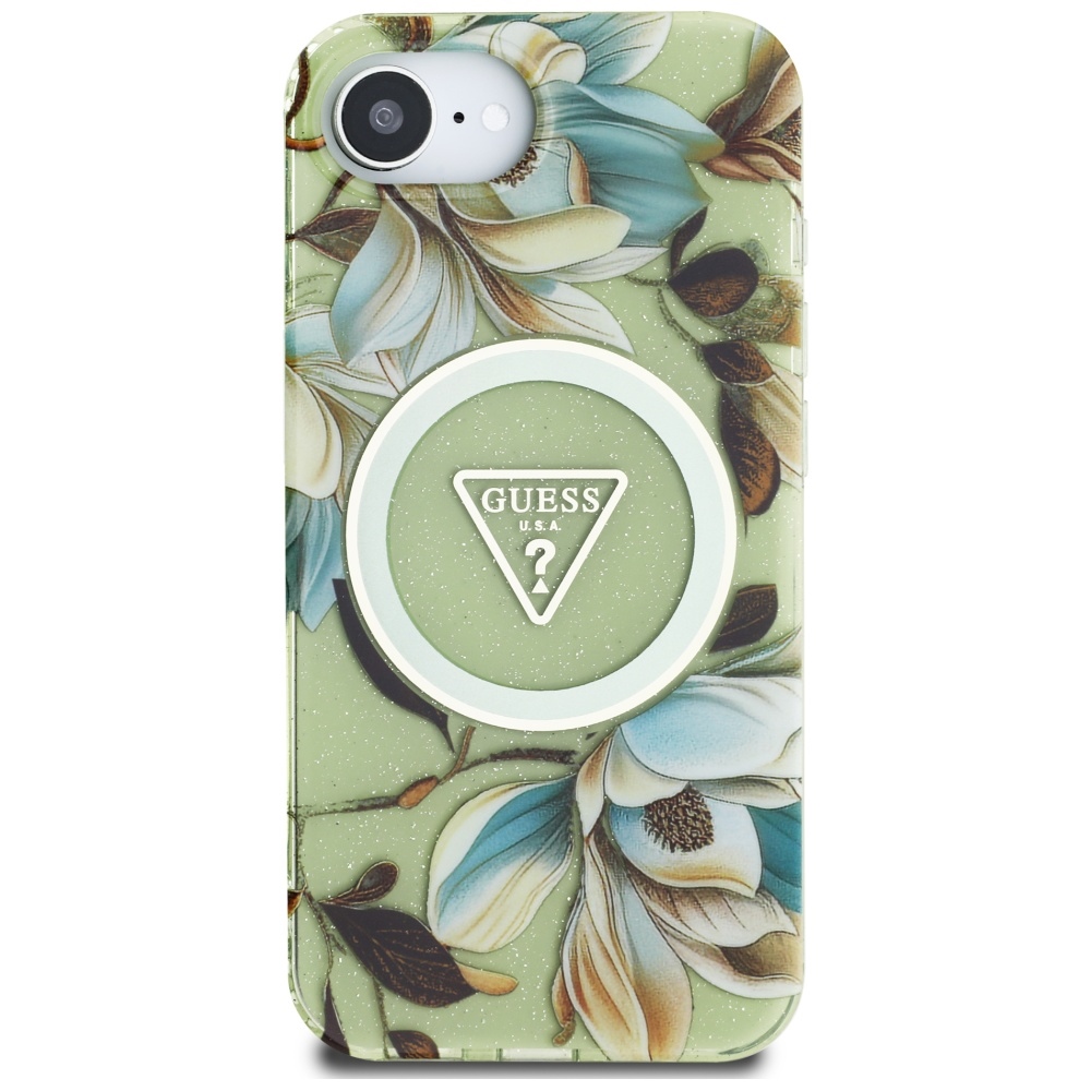 iTok webáruház - Guess Guess IML Metal Glitter Flowers Triangle MagSafe tok iPhone 16e készülékhez (zöld) 3 Guess IML Metal Glitter Flowers Triangle MagSafe iPhone 16e Case (zöld)
