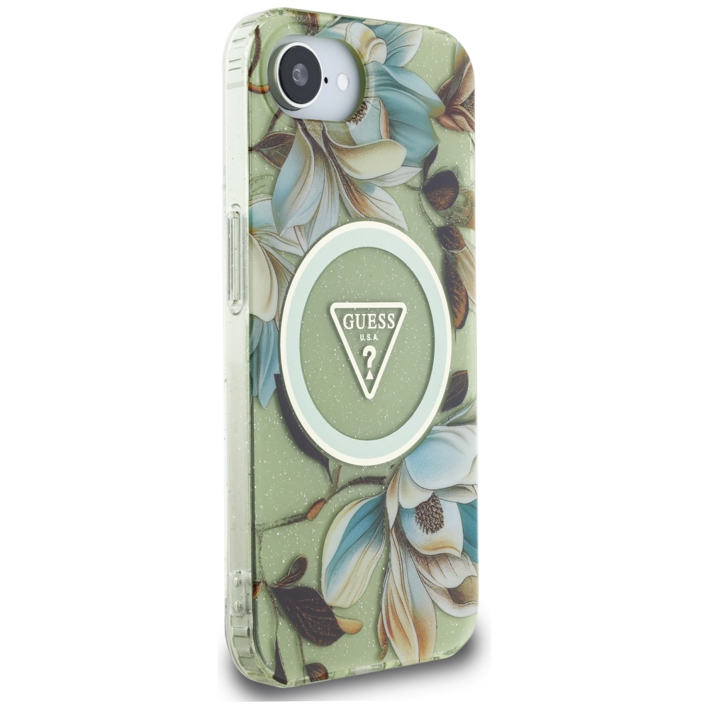 iTok webáruház - Guess Guess IML Metal Glitter Flowers Triangle MagSafe tok iPhone 16e készülékhez (zöld) 4 Guess IML Metal Glitter Flowers Triangle MagSafe iPhone 16e Case (zöld)