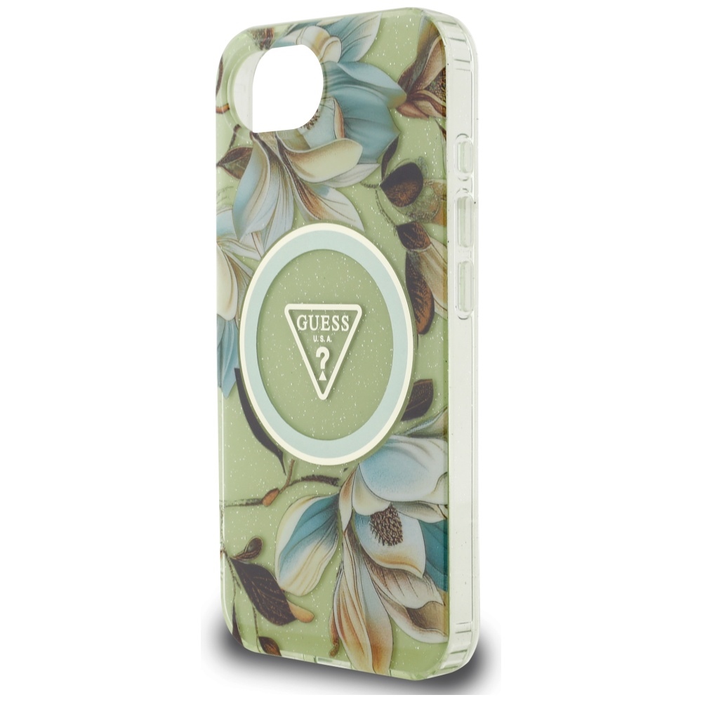 iTok webáruház - Guess Guess IML Metal Glitter Flowers Triangle MagSafe tok iPhone 16e készülékhez (zöld) 6 Guess IML Metal Glitter Flowers Triangle MagSafe iPhone 16e Case (zöld)