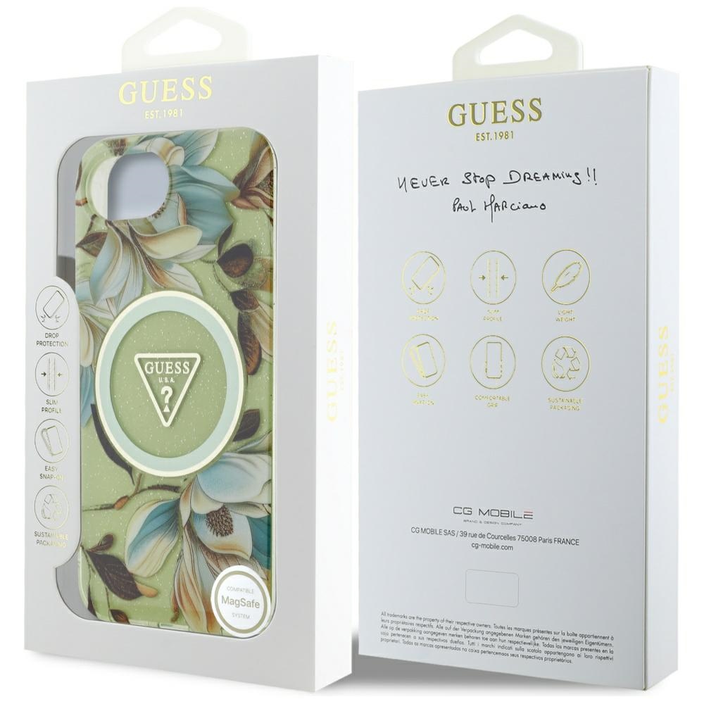 iTok webáruház - Guess Guess IML Metal Glitter Flowers Triangle MagSafe tok iPhone 16e készülékhez (zöld) 8 Guess IML Metal Glitter Flowers Triangle MagSafe iPhone 16e Case (zöld)