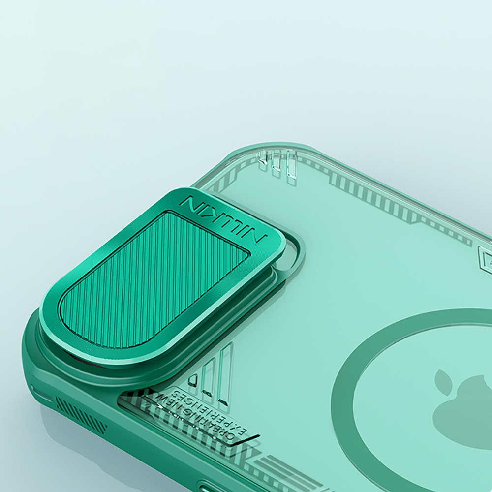 iTok webáruház - Nillkin Nillkin Iceblade Prop Magnetic tok kamerafedéllel és állvánnyal iPhone 16e / 17e készülékhez (zöld) 8 Nillkin Iceblade Prop Magnetic Case with Camera Cover and Stand for iPhone 16e / 17e (zöld)