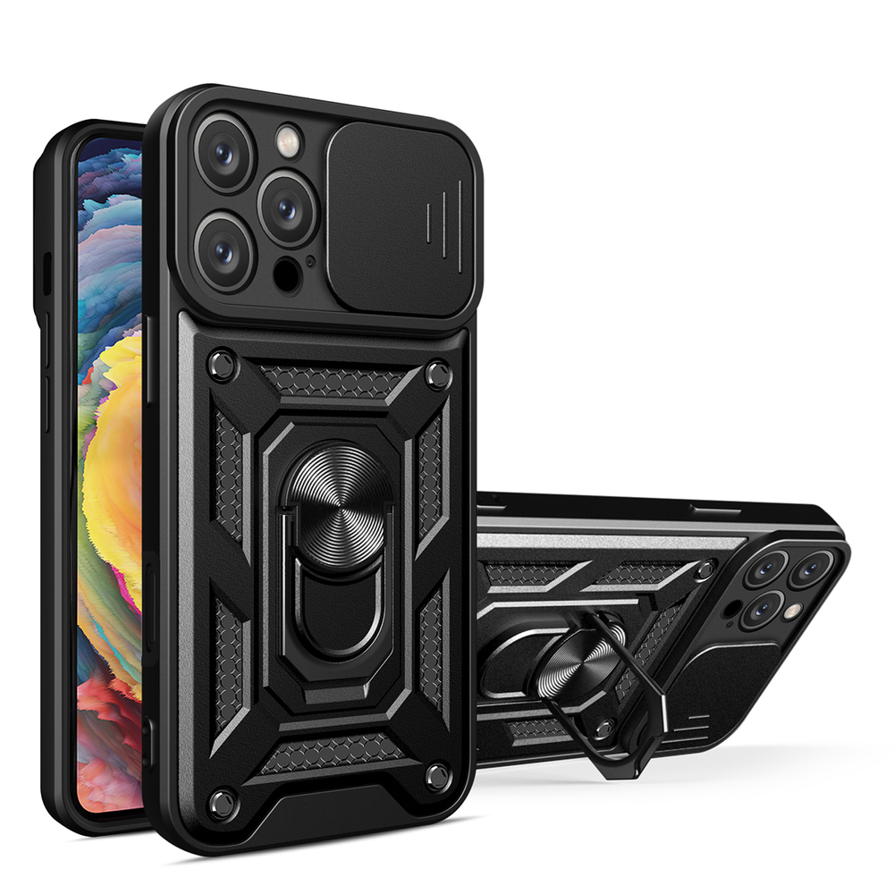 iTok webáruház - Hurtel Hybrid Armor Camshield tok iPhone 16 Pro készülékhez (fekete) 1 Hybrid Armor Camshield iPhone 16 Pro Case with Camera Cover and Stand (fekete)