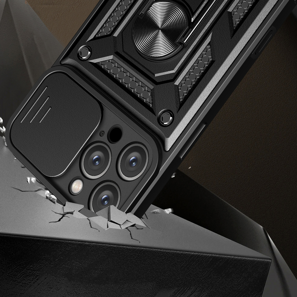 iTok webáruház - Hurtel Hybrid Armor Camshield tok iPhone 16 Pro készülékhez (fekete) 2 Hybrid Armor Camshield iPhone 16 Pro Case with Camera Cover and Stand (fekete)