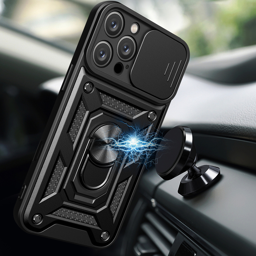 iTok webáruház - Hurtel Hybrid Armor Camshield tok iPhone 16 Pro készülékhez (fekete) 3 Hybrid Armor Camshield iPhone 16 Pro Case with Camera Cover and Stand (fekete)