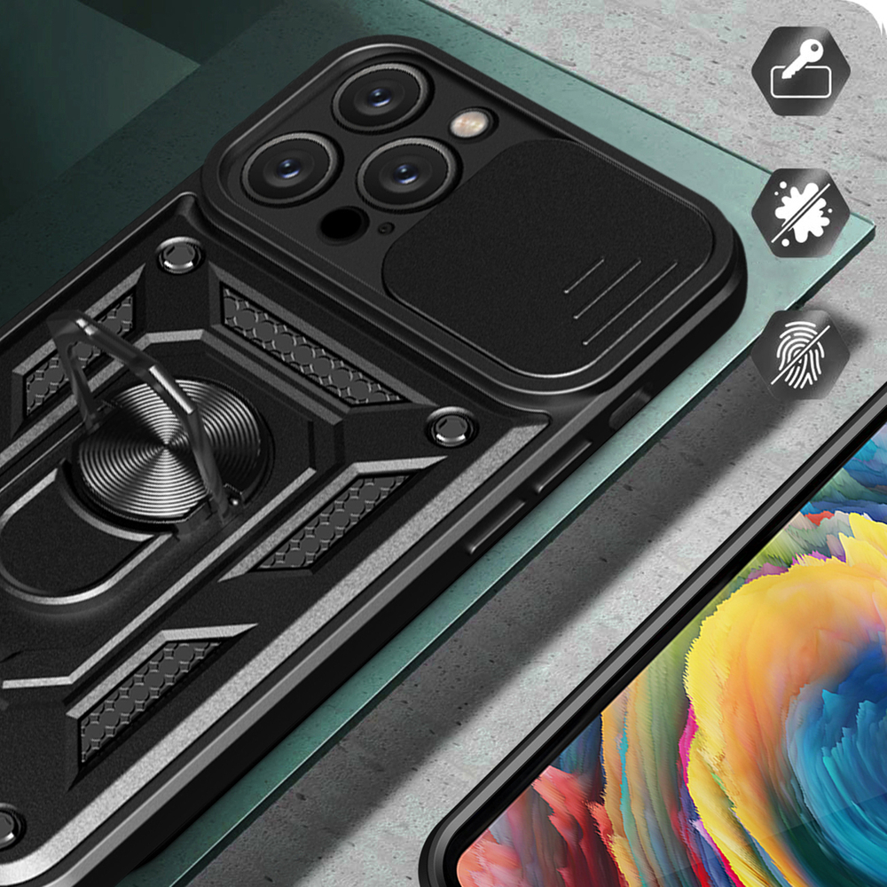 iTok webáruház - Hurtel Hybrid Armor Camshield tok iPhone 16 Pro készülékhez (fekete) 4 Hybrid Armor Camshield iPhone 16 Pro Case with Camera Cover and Stand (fekete)