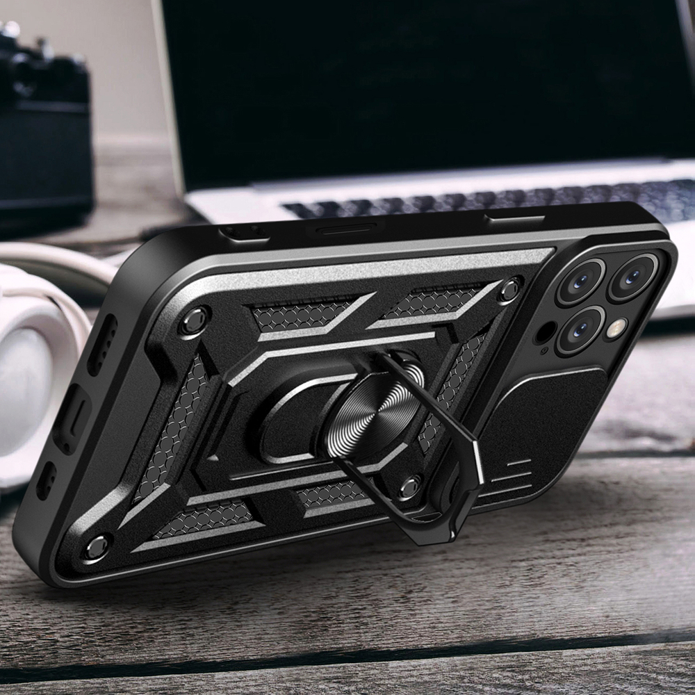 iTok webáruház - Hurtel Hybrid Armor Camshield tok iPhone 16 Pro készülékhez (fekete) 6 Hybrid Armor Camshield iPhone 16 Pro Case with Camera Cover and Stand (fekete)