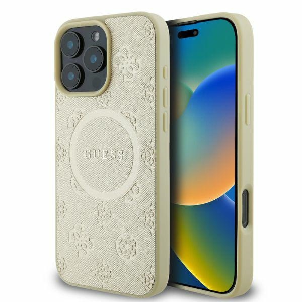 iTok webáruház - Guess Guess Saffiano Peony Classic Logo MagSafe tok iPhone 16 Pro készülékhez (arany) 1 Guess Saffiano Peony Classic Logo MagSafe case for iPhone 16 Pro (arany)