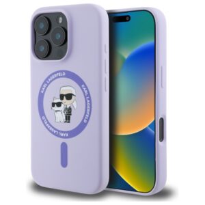 Karl Lagerfeld Karl & Choupette Heads Ring MagSafe szilikon tok iPhone 16 Pro készülékhez (lila)