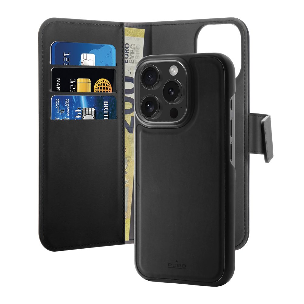 iTok webáruház - Puro Puro Wallet Detachable MagSafe 2in1 mágneses iPhone 16 Pro tok pénztárcával (fekete) 1 Puro Wallet Detachable MagSafe 2in1 PU Leather Case with Flap and Wallet for iPhone 16 Pro (fekete)