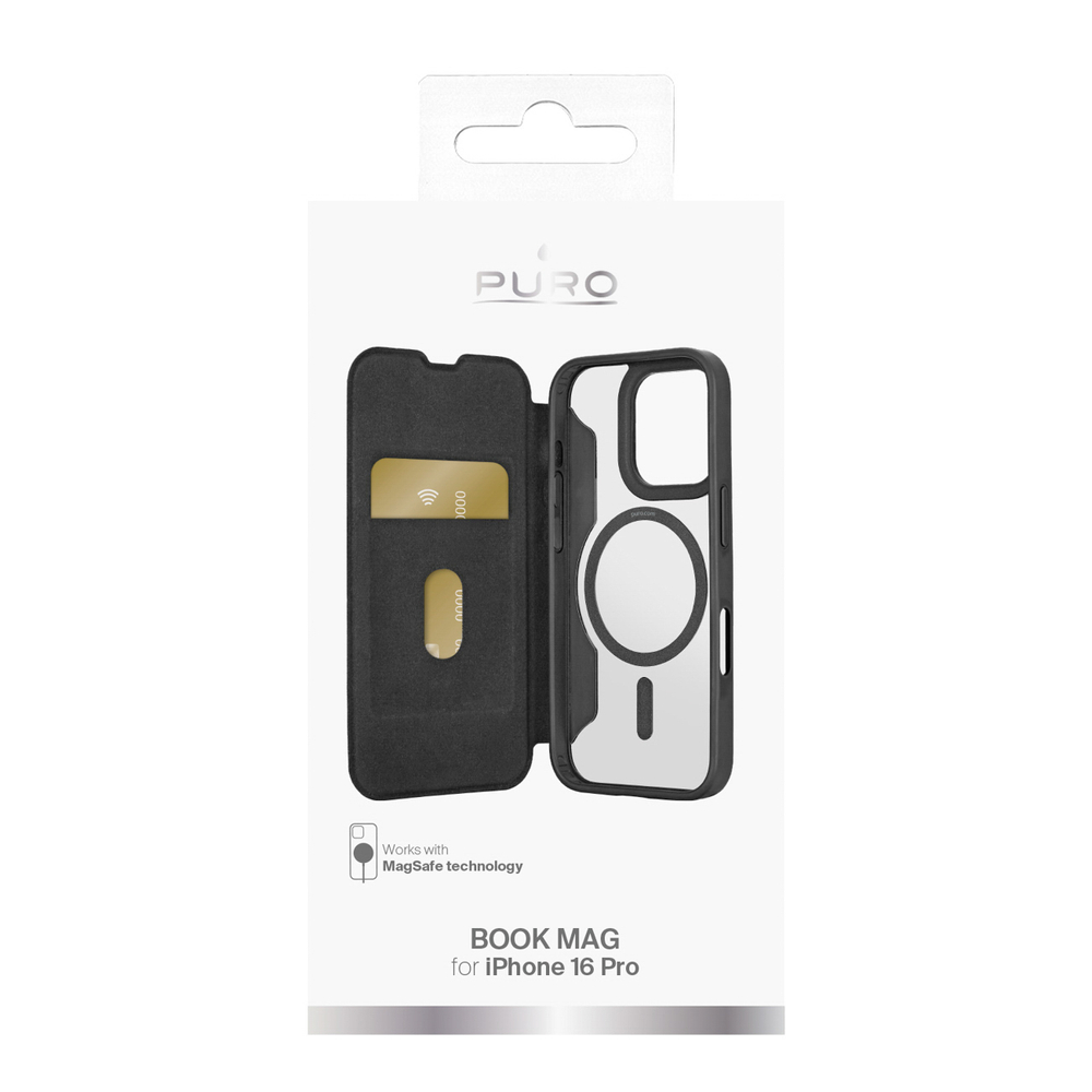 iTok webáruház - Puro Puro Book Mag MagSafe bőr tok kinyitható fedéllel és kártyatartóval iPhone 16 Pro készülékhez (fekete) 2 Puro Book Mag MagSafe Leather Case with Flap and Card Slot for iPhone 16 Pro (fekete)