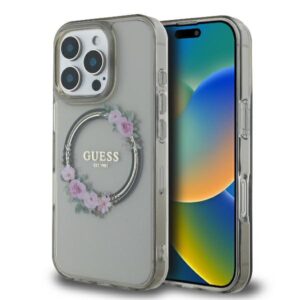 Guess IML Flowers Wreath MagSafe tok iPhone 16 Pro készülékhez (fekete)