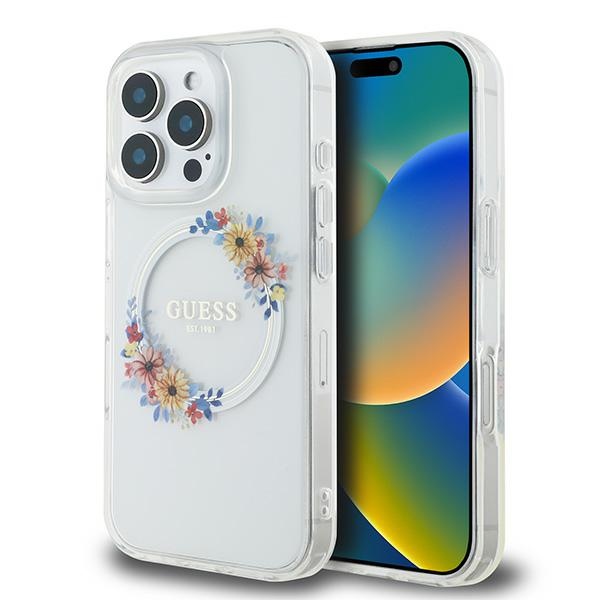 iTok webáruház - Guess Guess IML Flowers Wreath MagSafe tok iPhone 16 Pro készülékhez (átlátszó) 1 Guess IML Flowers Wreath MagSafe Case for iPhone 16 Pro (átlátszó)