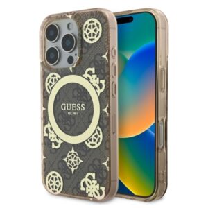 Guess IML Peony On 4G Background MagSafe tok iPhone 16 Pro készülékhez (barna)