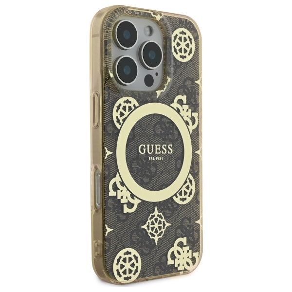 iTok webáruház - Guess Guess IML Peony On 4G Background MagSafe tok iPhone 16 Pro készülékhez (barna) 4 Guess IML Peony On 4G Background MagSafe Case for iPhone 16 Pro (barna)
