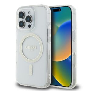 Guess GUHMP16LHFGERET iPhone 16 Pro 6,3″ átlátszó tok IML Glitter Circle MagSafe