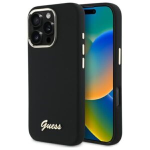 Guess Silicone Script Metal Logo & Frame tok iPhone 16 Pro készülékhez (fekete)