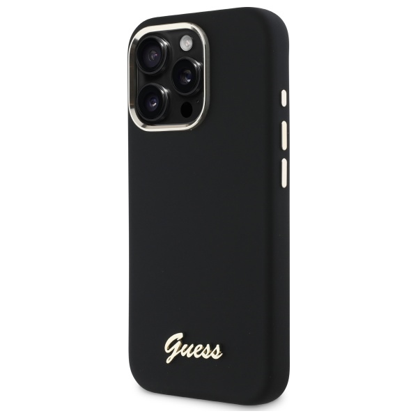 iTok webáruház - Guess Guess Silicone Script Metal Logo & Frame tok iPhone 16 Pro készülékhez (fekete) 2 Guess Silicone Script Metal Logo & Frame Case for iPhone 16 Pro (fekete)