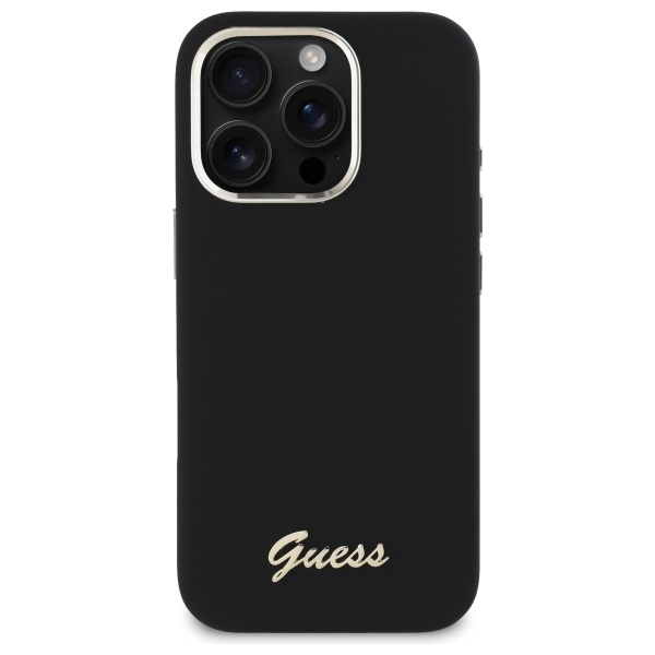 iTok webáruház - Guess Guess Silicone Script Metal Logo & Frame tok iPhone 16 Pro készülékhez (fekete) 3 Guess Silicone Script Metal Logo & Frame Case for iPhone 16 Pro (fekete)