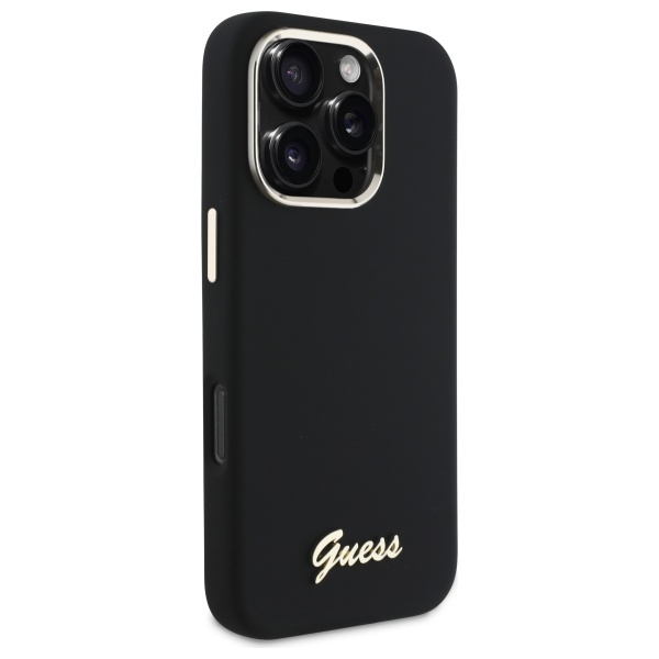 iTok webáruház - Guess Guess Silicone Script Metal Logo & Frame tok iPhone 16 Pro készülékhez (fekete) 4 Guess Silicone Script Metal Logo & Frame Case for iPhone 16 Pro (fekete)