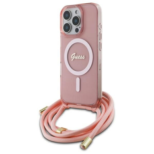 iTok webáruház - Guess Guess Crossbody Cord Script MagSafe tok iPhone 16 Pro készülékhez (rózsaszín) 1 Guess Crossbody Cord Script MagSafe Case for iPhone 16 Pro (rózsaszín)
