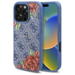 Guess 4G Flowers Print MagSafe tok iPhone 16 Pro készülékhez (kék)
