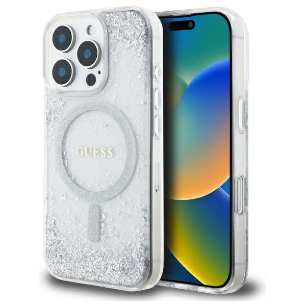 iTok webáruház - Guess Guess Resin Gradient Glitter MagSafe tok iPhone 16 Pro készülékhez (ezüst) 1 Guess Resin Gradient Glitter MagSafe case for iPhone 16 Pro (ezüst)