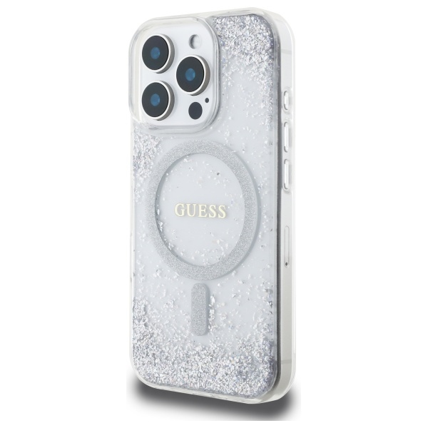 iTok webáruház - Guess Guess Resin Gradient Glitter MagSafe tok iPhone 16 Pro készülékhez (ezüst) 2 Guess Resin Gradient Glitter MagSafe case for iPhone 16 Pro (ezüst)