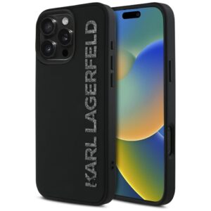Karl Lagerfeld HC 3D Rubber Elongated Glitter tok iPhone 16 Pro készülékhez (fekete)
