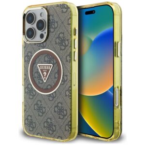 Guess IML Metal Glitter 4G Circle Triangle MagSafe tok iPhone 16 Pro készülékhez (barna)
