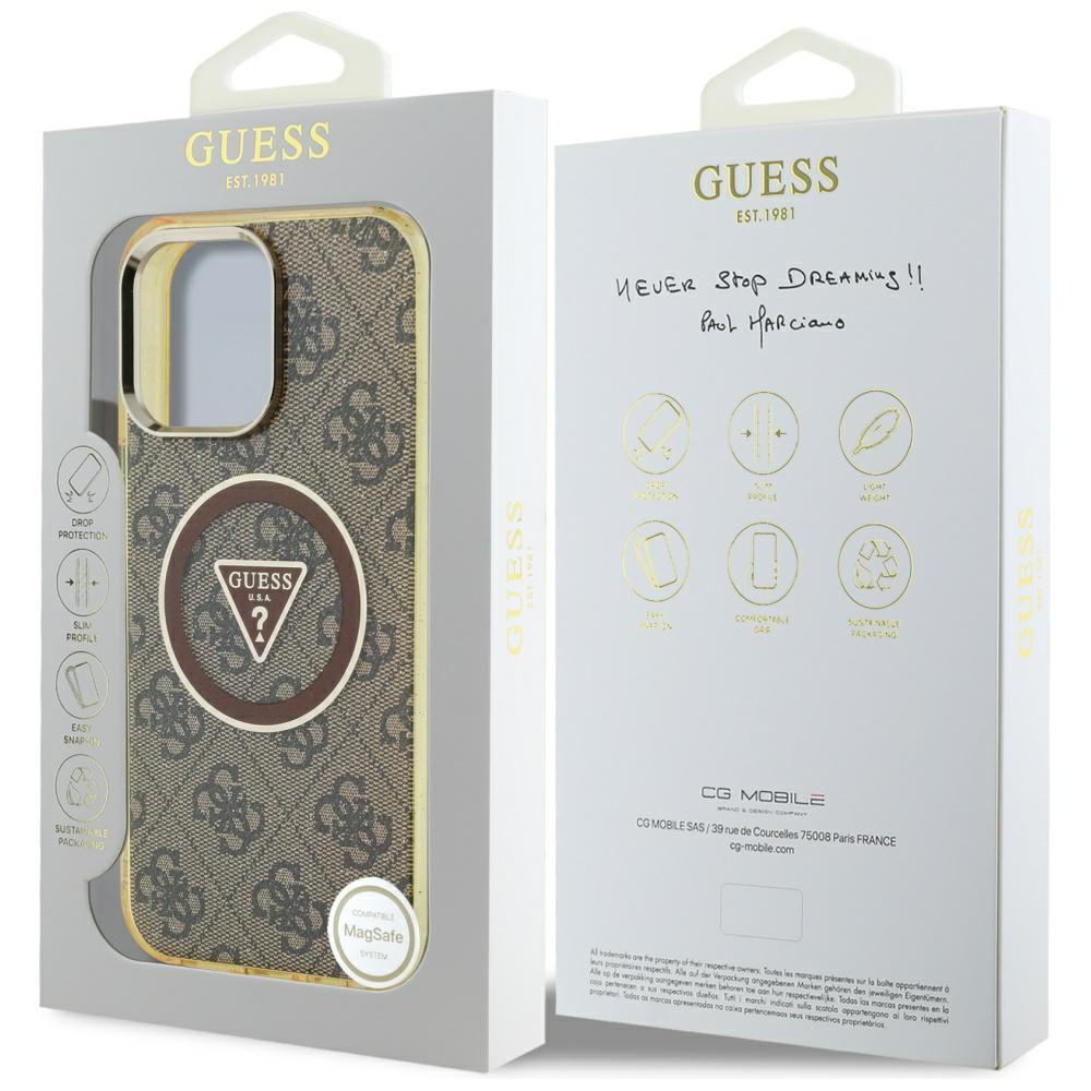 iTok webáruház - Guess Guess IML Metal Glitter 4G Circle Triangle MagSafe tok iPhone 16 Pro készülékhez (barna) 8 Guess IML Metal Glitter 4G Circle Triangle MagSafe Case for iPhone 16 Pro (barna)