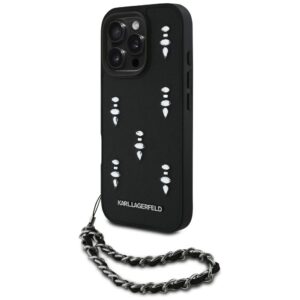 Karl Lagerfeld Saffiano Crystals w/Chain tok iPhone 16 Pro készülékhez (fekete)